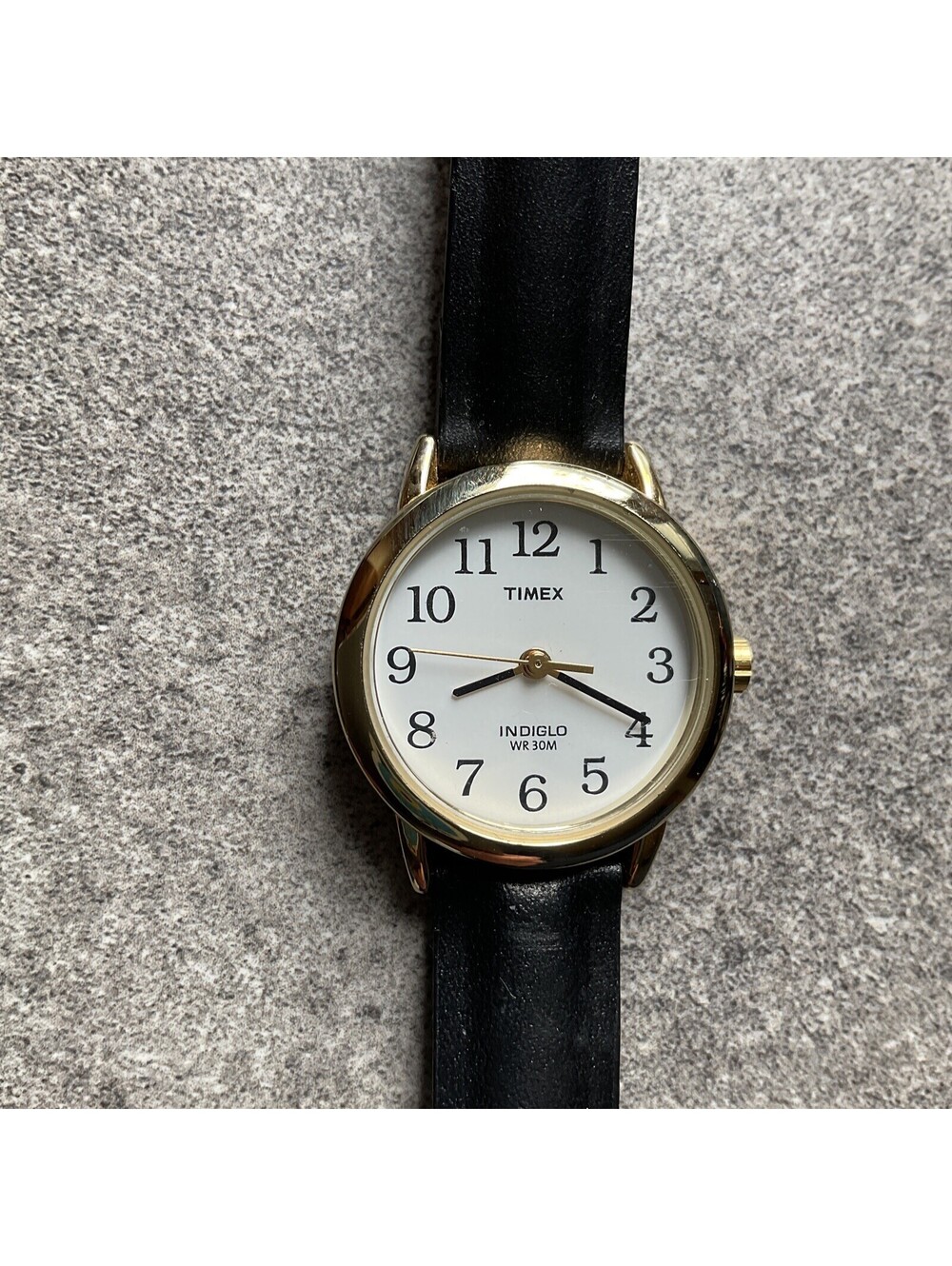 Timex Easy Reader Womens Watch Gold Tone Case White Dial Black Leather Band A5